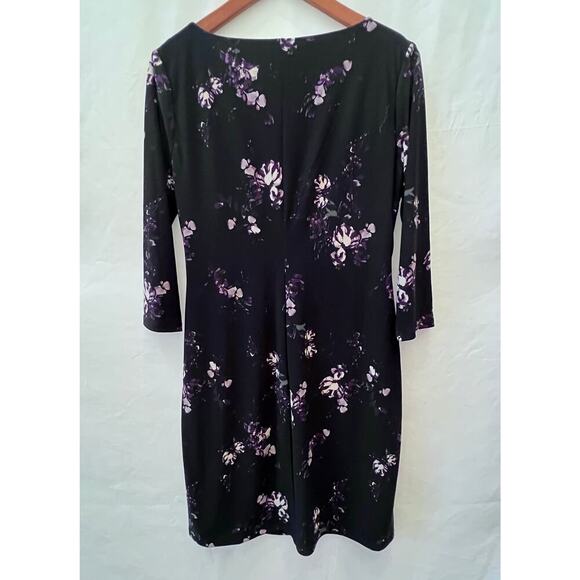 Lauren Ralph Lauren Women's Floral Black V-Neck Ruched 3/4 Long-Sleeve Dress 14P - Picture 3 of 9